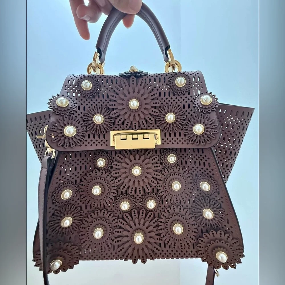 Stunning EUC chocolate Zac Posen Floral Embellished detailed Handbag